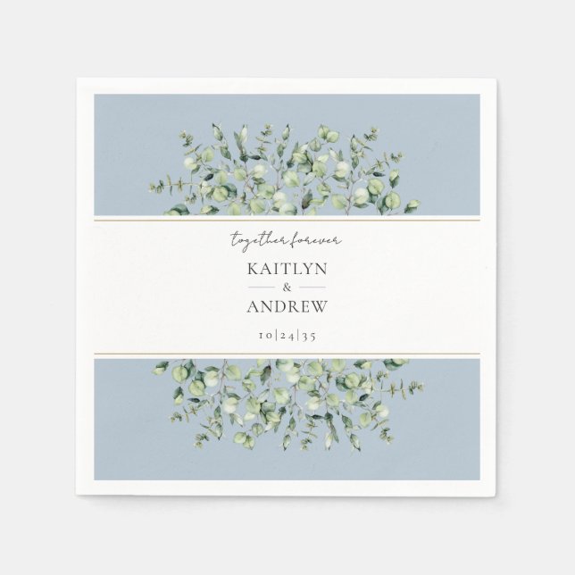 Dusty Blue Eucalyptus Tillsammans För Evigt Bröllo Pappersservett (Framsidan)