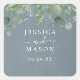 Dusty Blue Eucalyptus Wedding Favor Stickers Fyrkantigt Klistermärke