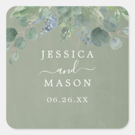 Dusty Blue Eucalyptus Wedding Favor Stickers Fyrkantigt Klistermärke