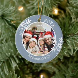 Dusty Blue Familjefoto Snöflinga Jul Julgransprydnad Keramik