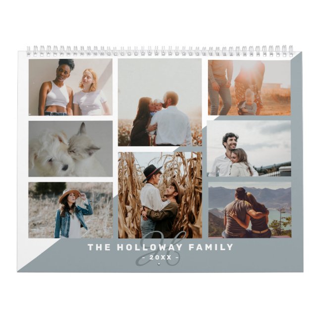 Dusty Blue-familjens monogram namn 20-fotokollage Kalender (Omslag)