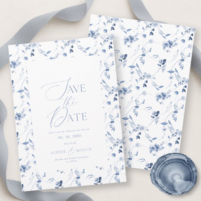 Dusty Blue Fine Art Floral Save the Date Card Inbjudningar (Skapare uppladdad)