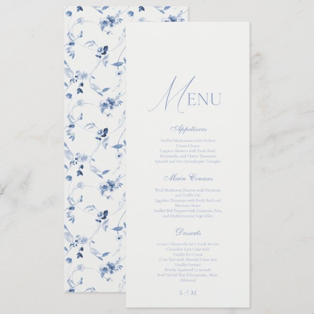 Dusty Blue Fine Art Floral Wedding Menu  Inbjudningar (Fram/baksida)