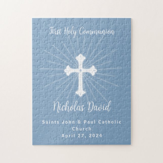 Dusty Blue First Communion med Kor Pussel (Vertikal)