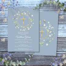 Dusty Blue First Heliga Communion Greenery Guld