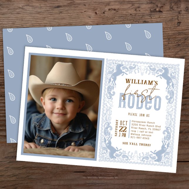 Dusty Blue First Rodeo-fotoinbjudan - Western Inbjudningar (Dusty Blue Rodeo Invitation)