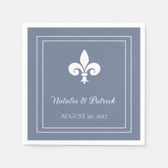 Dusty Blue Fleur de Lis Bröllop Pappra Napkins Pappersservett (Framsidan)