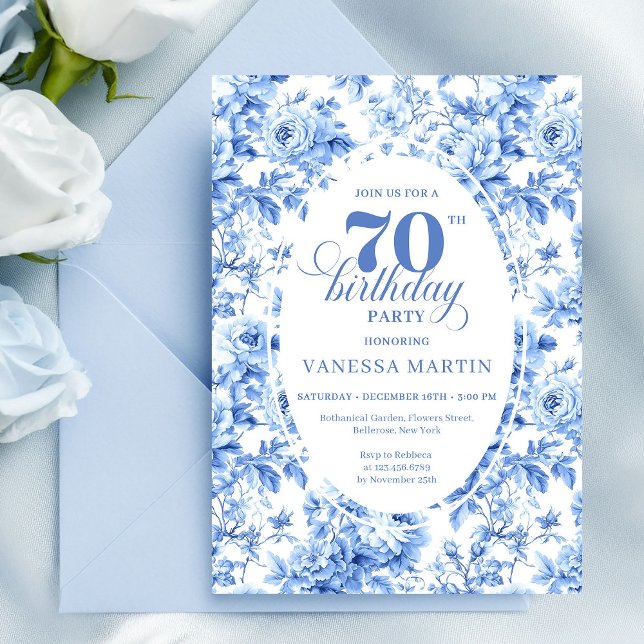Dusty Blue Floral 70th Birthday Invitation Inbjudningar (Dusty Blue Floral 70th Birthday Invitation)