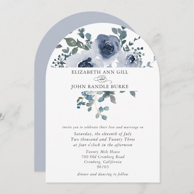 Dusty Blue Floral and Grey Arch Wedding Invitation Inbjudningar (Fram/baksida)