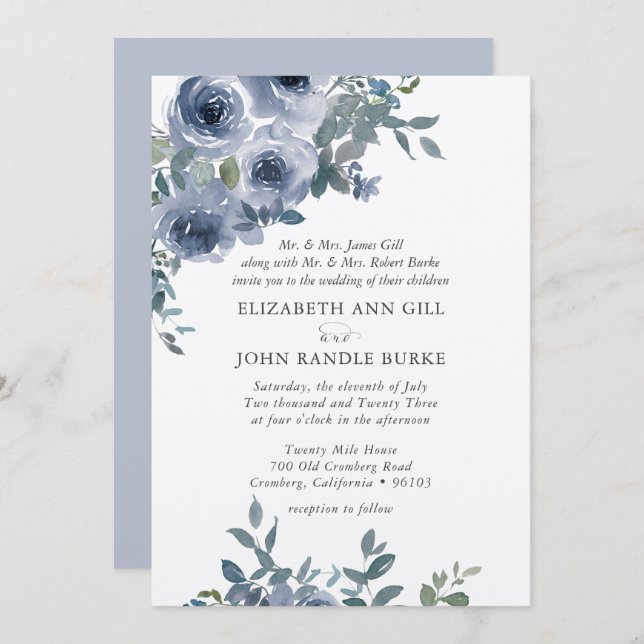 Dusty Blue Floral and Grey Formal Wedding Invite Inbjudningar (Fram/baksida)