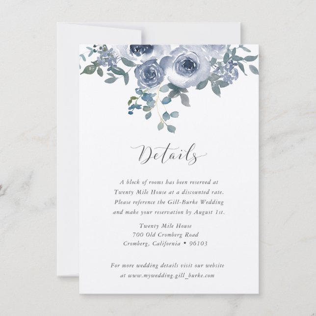 Dusty Blue Floral and Grey Wedding Details Card Anteckningskort (Framsida)