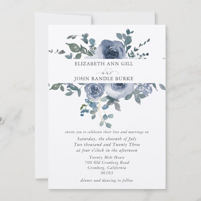 Dusty Blue Floral and Grey Wedding Invitation Inbjudningar (Framsida)