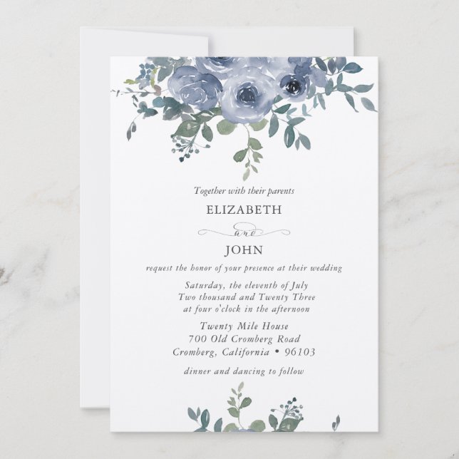 Dusty Blue Floral and Grey Wedding Invitation Inbjudningar (Framsida)