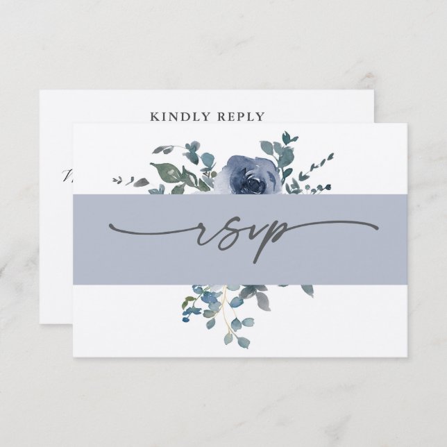 Dusty Blue Floral and Grey Wedding RSVP Inbjudningar (Fram/baksida)