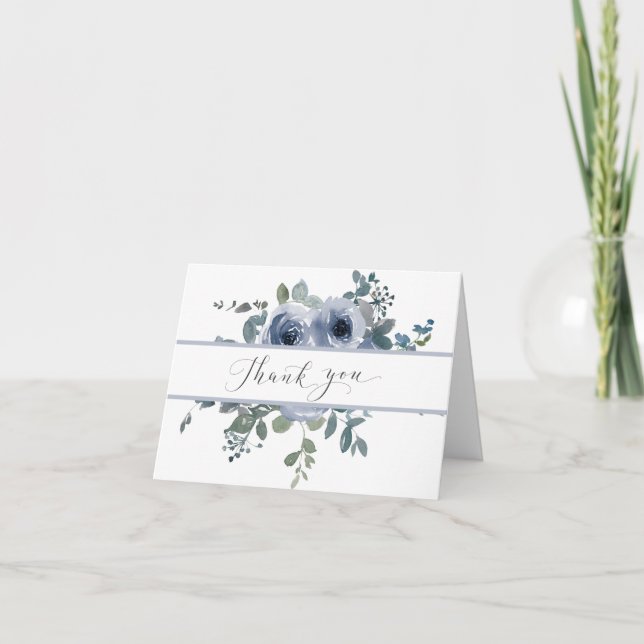 Dusty Blue Floral and Grey Wedding Thank You Card Tack Kort (Framsida)
