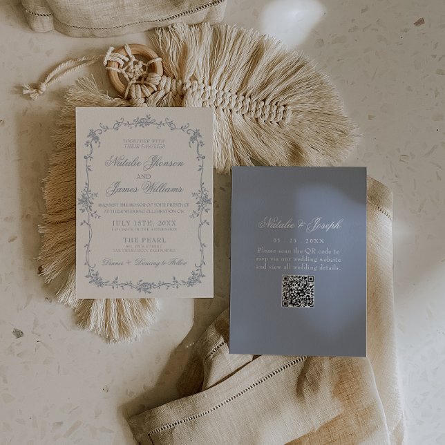 Dusty Blue Floral Boho Botanical QR Code Wedding Inbjudningar (Skapare uppladdad)