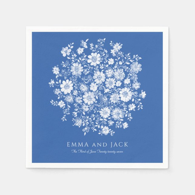 Dusty Blue Floral Bouquet Wedding names and date Pappersservett (Framsidan)