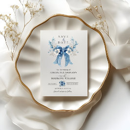 Dusty Blue Floral Bow Save the Date Wedding Card Spara Datumet