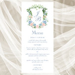 Dusty Blue Floral Crest Wedding Menu Meny<br><div class="desc">This elegant watercolor dusty blue, blush and white rose monogrammed crest menu is perfect for your wedding reception or wedding celebration. It is is as unique as you are as a couple and will look stunning at very place at your reception. This menu can be easily changed to reflect the...</div>