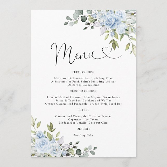 Dusty Blue Floral Eucalyptus Wedding Menu Meny (Framsida)