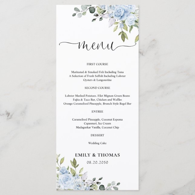 Dusty Blue Floral Eucalyptus Wedding Menu Meny (Framsida)