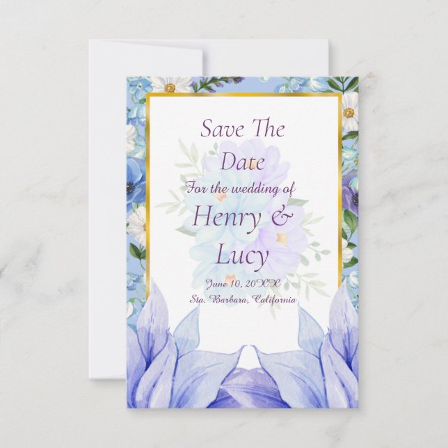 Dusty Blue Floral Garden Save the Date Spara Datumet (Framsida)