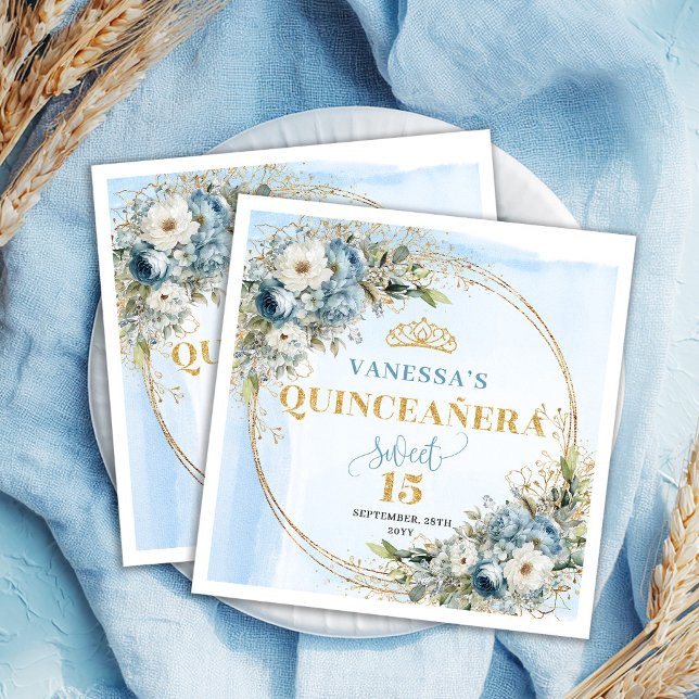 Dusty Blue Floral Gold Glitter Quinceañera Party   Pappersservett (Dusty Blue Floral Gold Glitter Quinceañera Party Napkins)