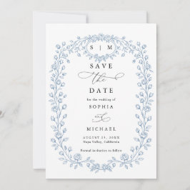 Dusty Blue Floral Line Art Save The Date Invite Spara Datumet