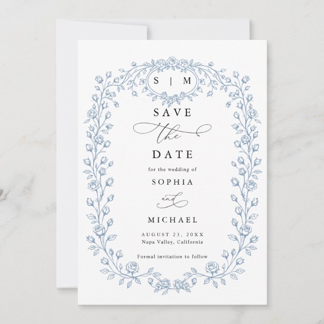 Dusty Blue Floral Line Art Save The Date Invite Spara Datumet (Framsida)