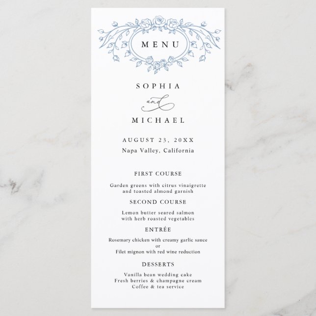 Dusty Blue Floral Line Art Wedding Flat Meny (Framsida)