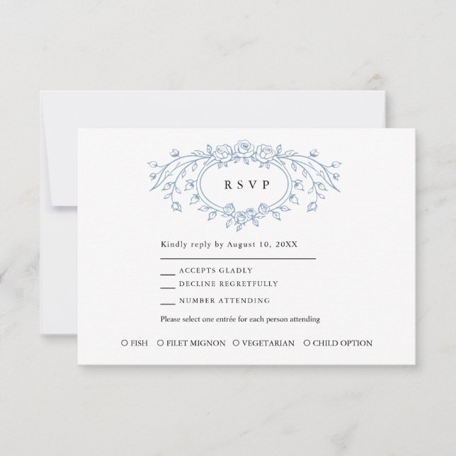 Dusty Blue Floral Line Art Wedding  OSA Kort (Framsida)