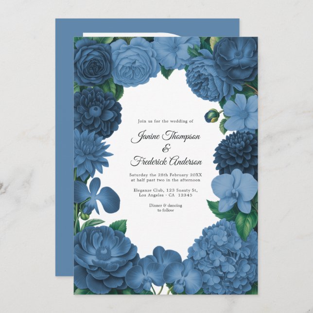 Dusty Blue Floral Photo and QR Code Wedding Inbjudningar (Fram/baksida)