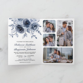 Dusty Blue Floral Photo Collage QR Code Wedding Inbjudan