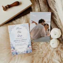 Dusty Blue Floral Photo Save the Date Spara Datumet