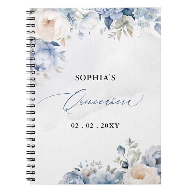  Dusty Blue Floral Quinceañera Guest book Anteckningsbok (Framsidan)