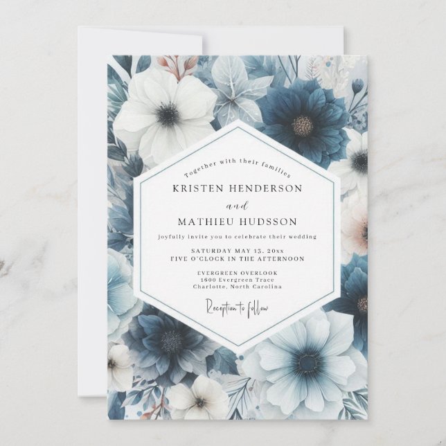 Dusty Blue Floral Romance Wedding Inbjudningar (Framsida)