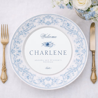 Dusty Blue Floral Round Wedding Menu & Place Card Meny