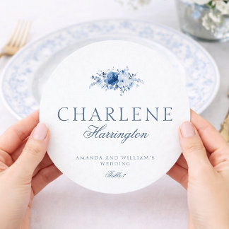 Dusty Blue Floral Round Wedding Menu & Place Card Meny