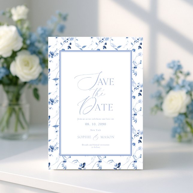 Dusty Blue Floral Save the Date Card Inbjudningar (Skapare uppladdad)