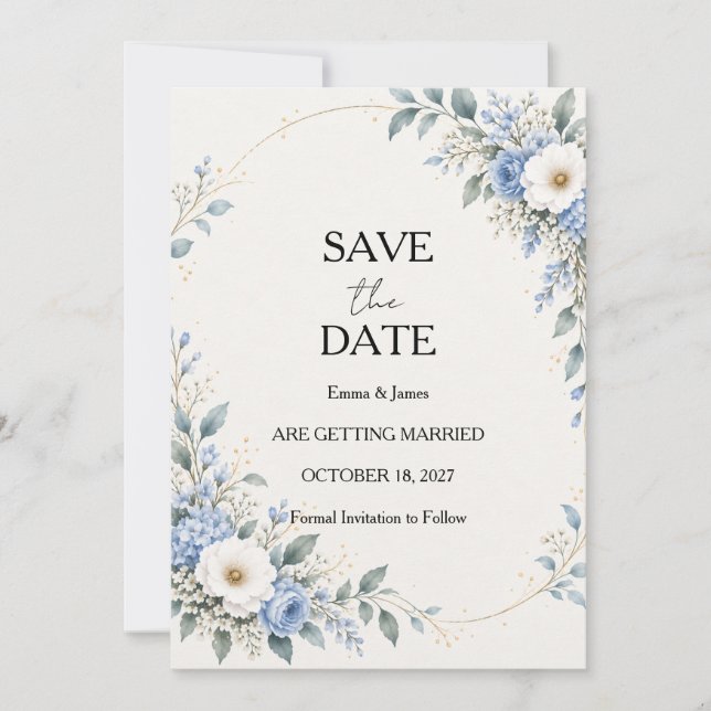 Dusty Blue Floral Save the Date Card Kort (Framsida)