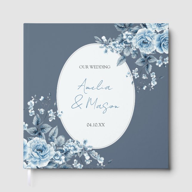 Dusty Blue Floral Script Elegant Wedding  Gästböcker (Framsida)