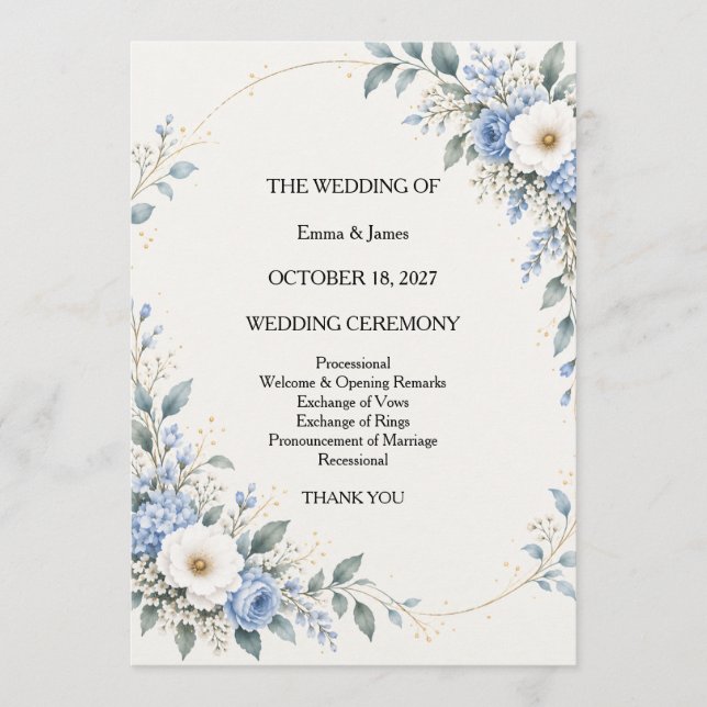 Dusty Blue Floral Wedding Ceremony Program (Framsida)