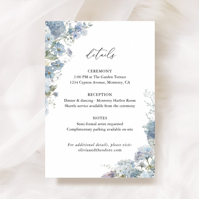 Dusty Blue Floral Wedding Details, Info Tilläggskort (Dusty blue floral wedding details card, watercolor hydrangea ceremony reception info enclosure)