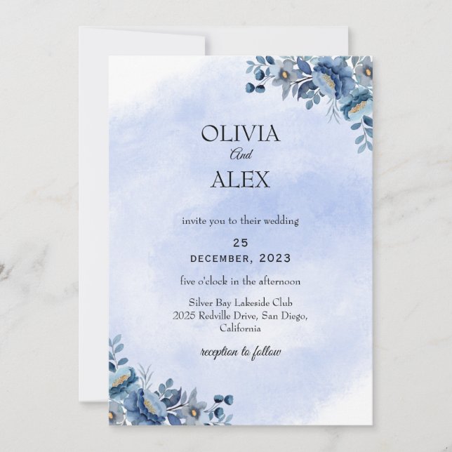 Dusty Blue Floral Wedding Invitation Inbjudningar (Framsida)