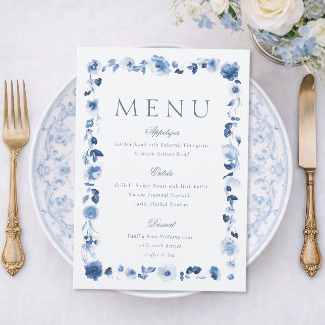 Dusty Blue Floral Wedding Menu Card Inbjudningar (Skapare uppladdad)