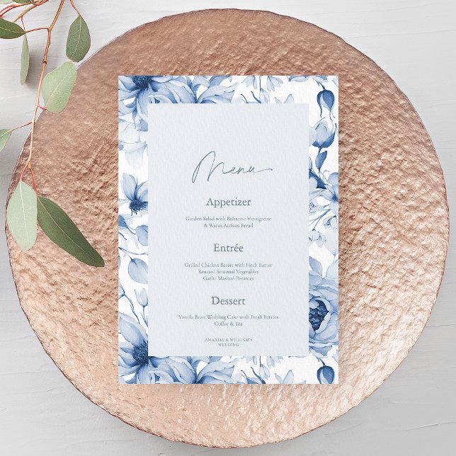 Dusty Blue Floral Wedding Menu Card Inbjudningar (Skapare uppladdad)
