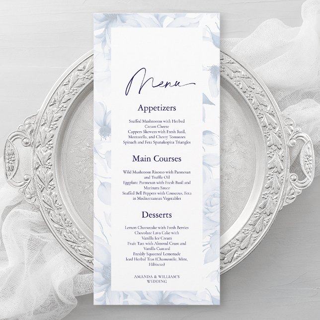 Dusty Blue Floral Wedding Menu Card Inbjudningar (Skapare uppladdad)