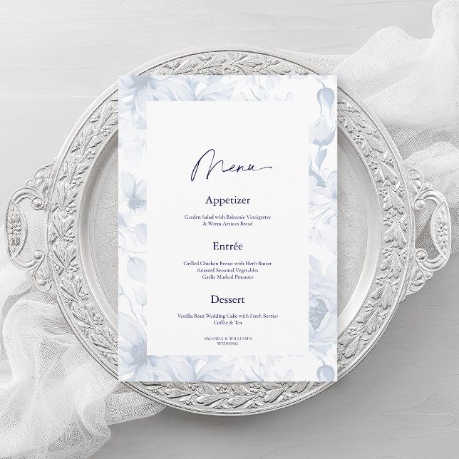 Dusty Blue Floral Wedding Menu Card Inbjudningar (Skapare uppladdad)