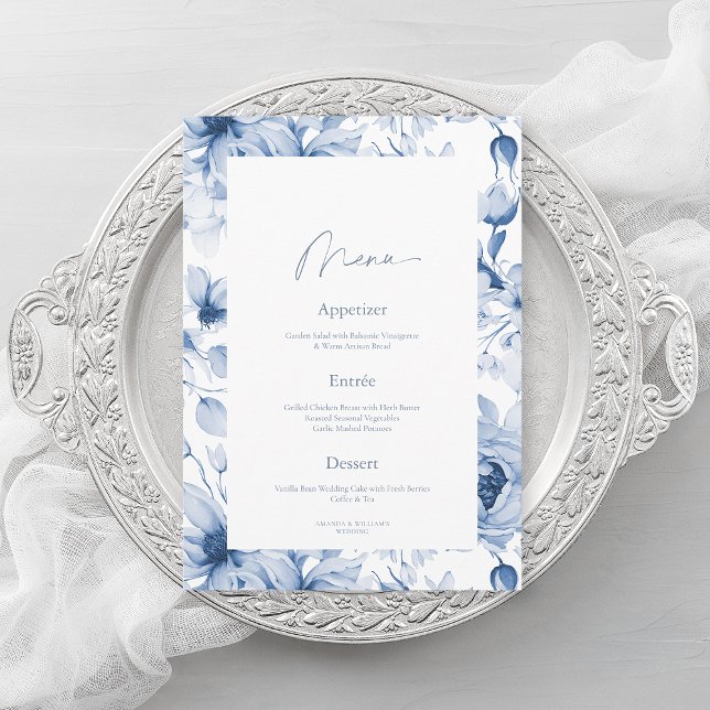 Dusty Blue Floral Wedding Menu Card Inbjudningar (Skapare uppladdad)