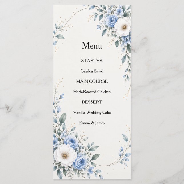 Dusty Blue Floral Wedding Menu Card Kort (Framsida)